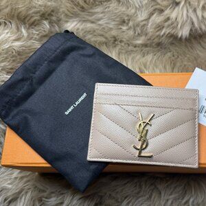 YSL Saint Laurent Cassandre Matelasse Card Case in Grain de Poudre Dark Beige